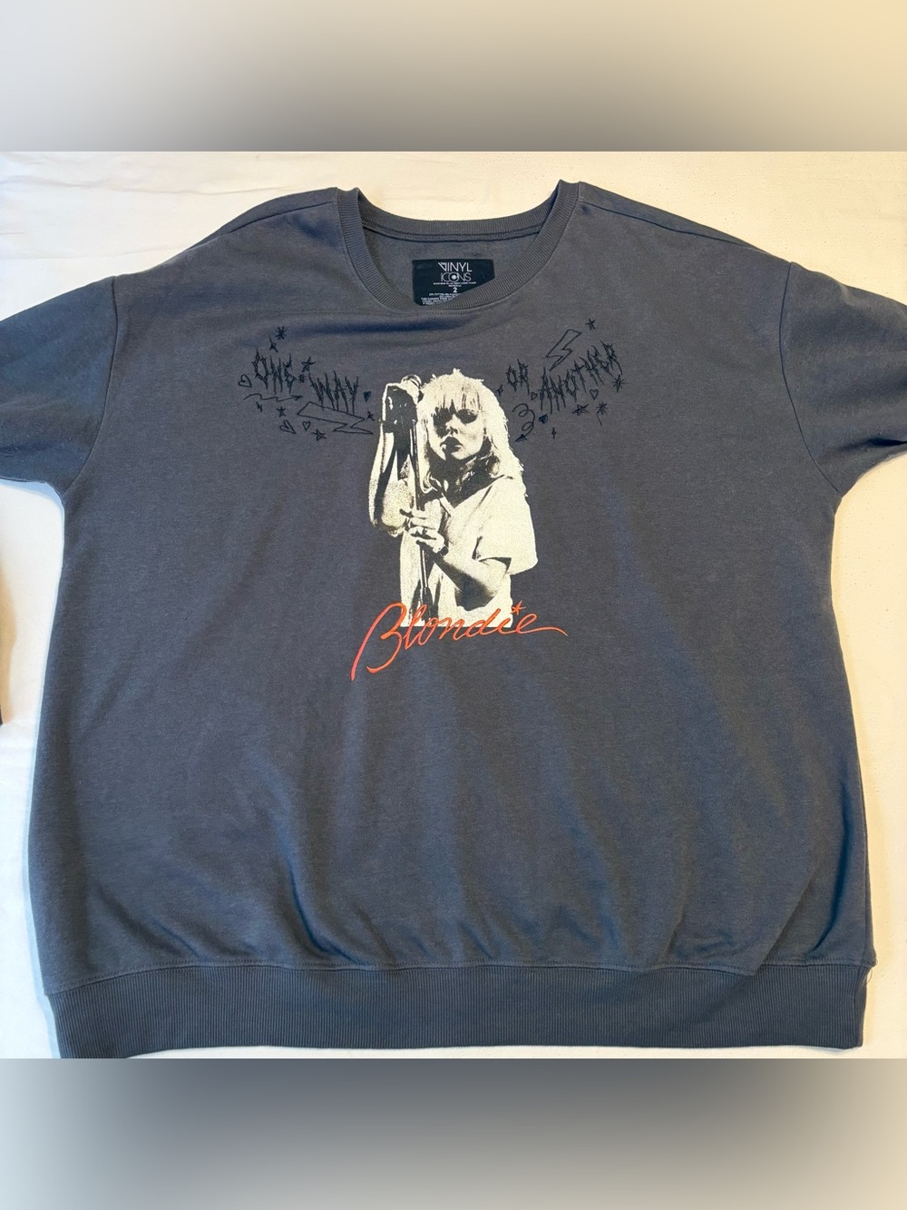 Gray torrid Blondie Graphic Pullover Sweatshirt with a Distressed Band Logo